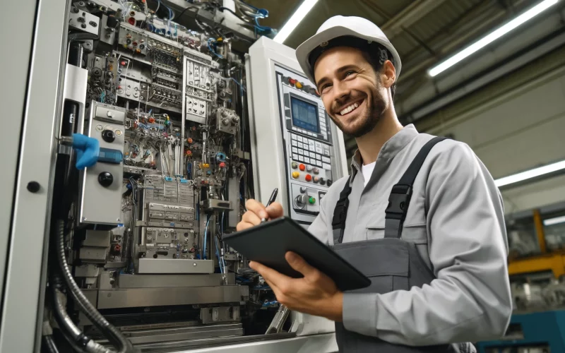 DALL·E 2024-05-28 16.01.34 - A happy worker performing a revision on a complex, advanced machine with numerous components, wires, and control panels. The worker is writing data on