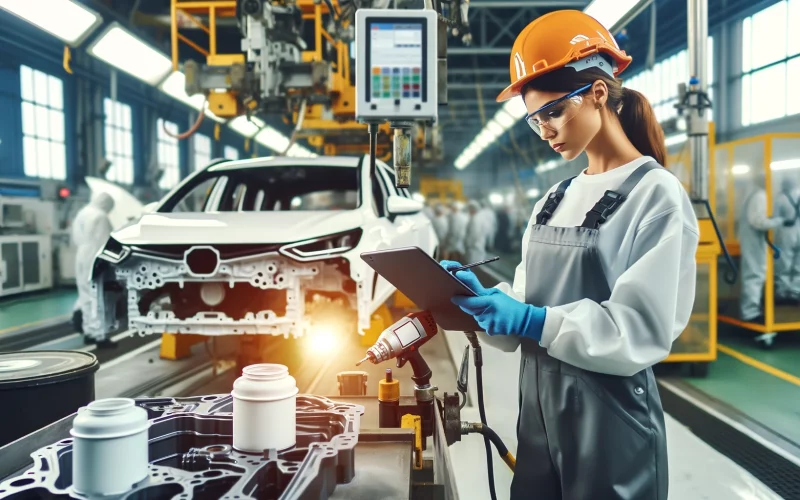 DALL·E 2024-05-28 16.08.24 - A female worker at a car factory production line, specifically in the painting workstation. She is wearing safety gear including a hard hat and safety